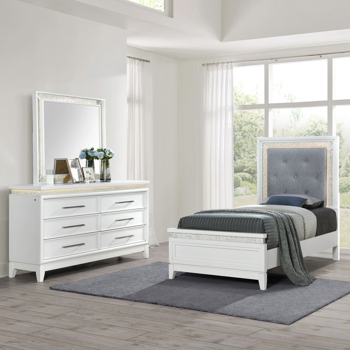Reflections - Upholstered Bed, Dresser & Mirror