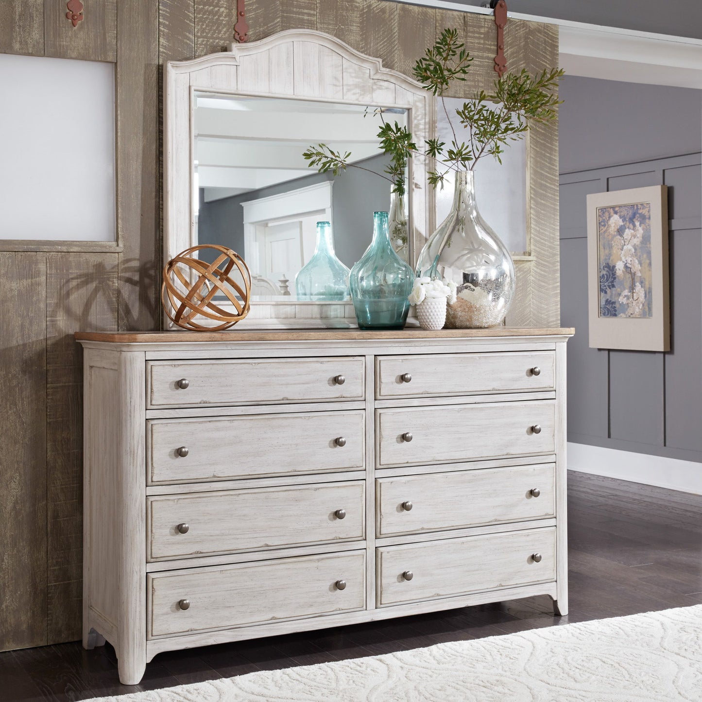 Farmhouse Reimagined - Dresser & Mirror - Antique White / Chestnut Tops