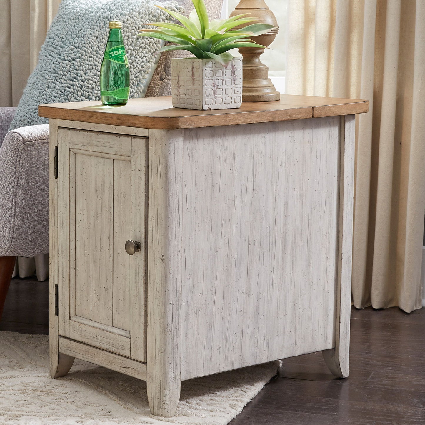 Farmhouse Reimagined - Door Chair Side Table With Charging Station - Antique White / Chestnut Tops
