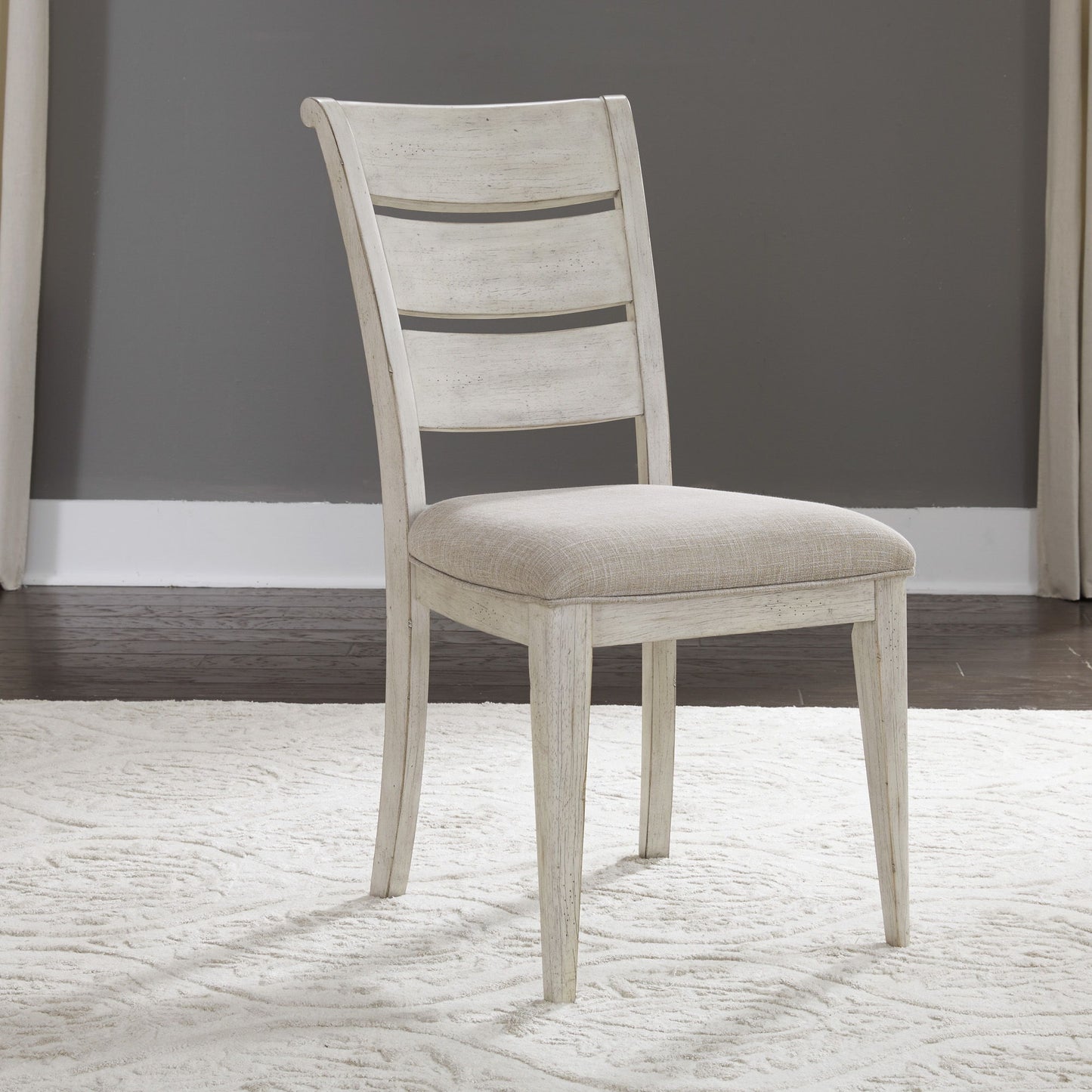 Farmhouse Reimagined - Ladder Back Upholstered Side Chair - Antique White / Chestnut Tops
