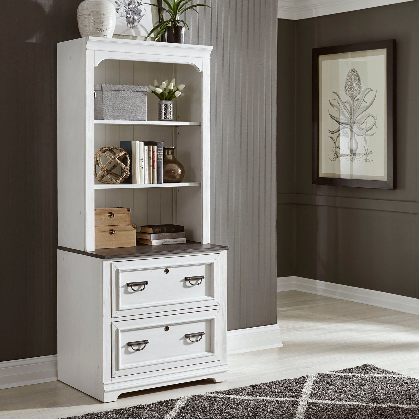 Allyson Park - Bunching Lateral File Hutch - Wirebrushed White / Charcoal