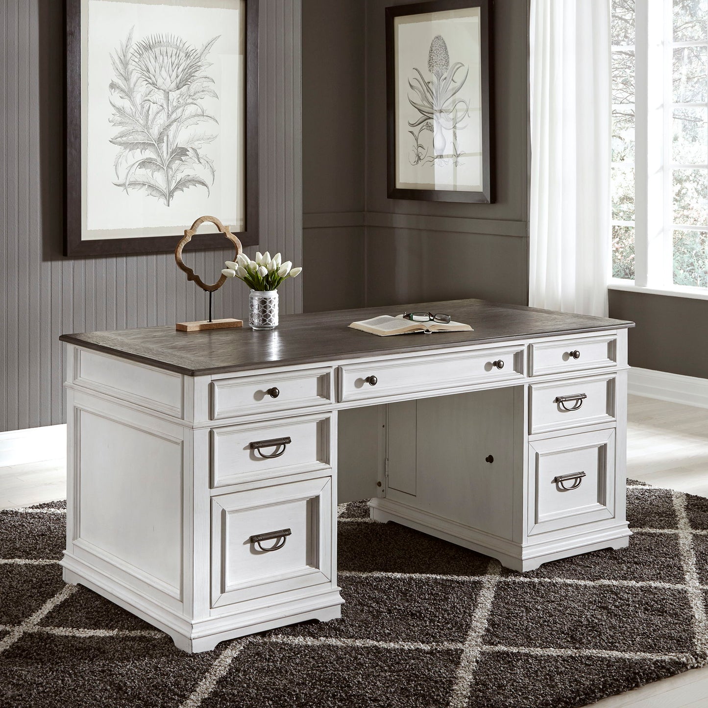 Allyson Park - 3 Piece Home Office Set (Complete Desk) - Wirebrushed White / Charcoal
