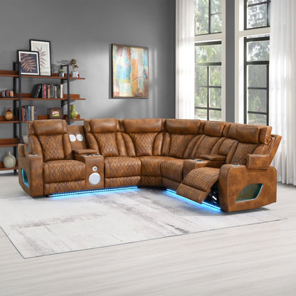 Taddeo - Power Motion Sectional Sofa With Power Headrest, Massage & LED - Two Tone Brown Leatherette