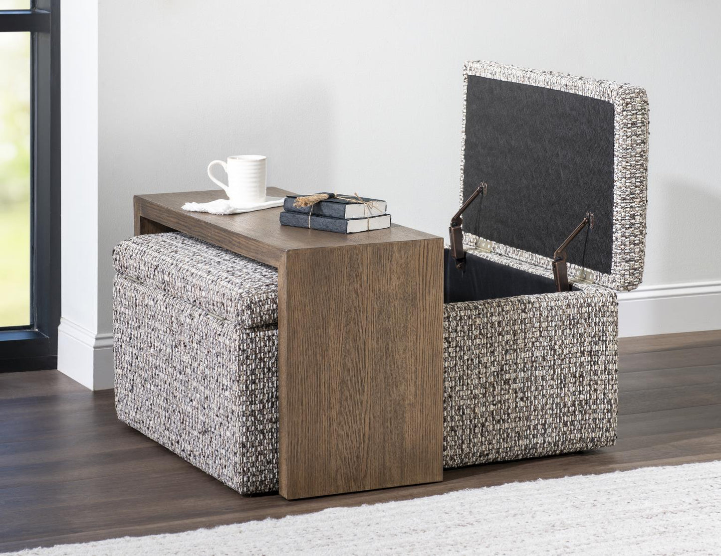 Solana - Square Storage Ottoman With Wood Top Overlay - Gray