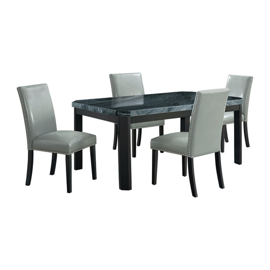 Francesca - Rectangular 5 Piece Gray PU Chairs Dining Set, Table & Four Chairs - Gray Marble