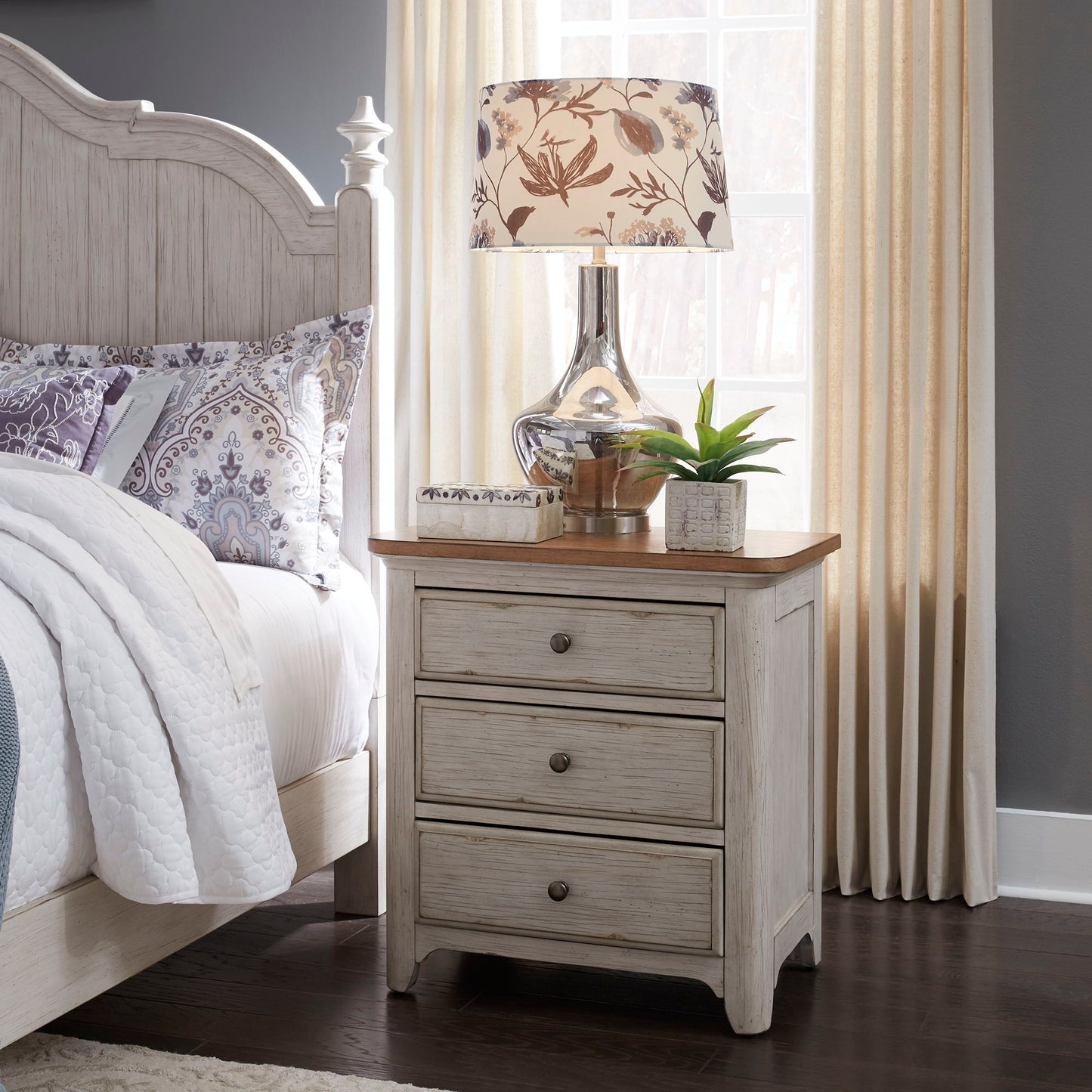 Farmhouse Reimagined - 3 Drawer Nightstand With Charging Station - Antique White / Chestnut Tops