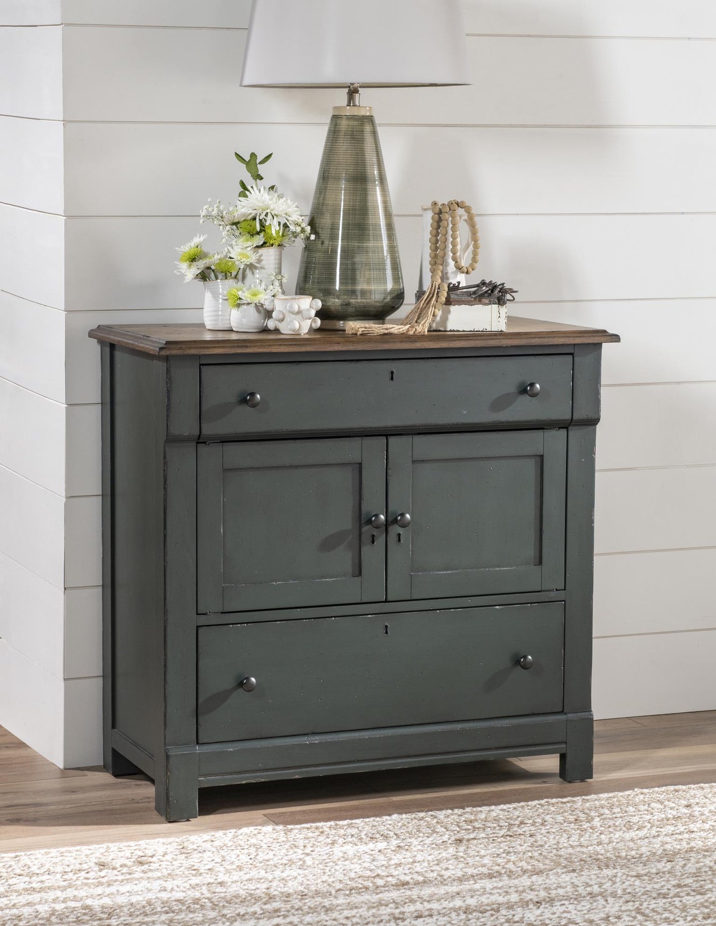 Vintage Market - Washstand Accent Chest 2 Drawers - Barnwood Oak And Mallard Green