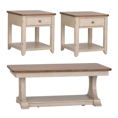 Farmhouse Reimagined - 3 Piece Table Set (1 Cocktail 2 End Tables) - Antique White / Chestnut Tops