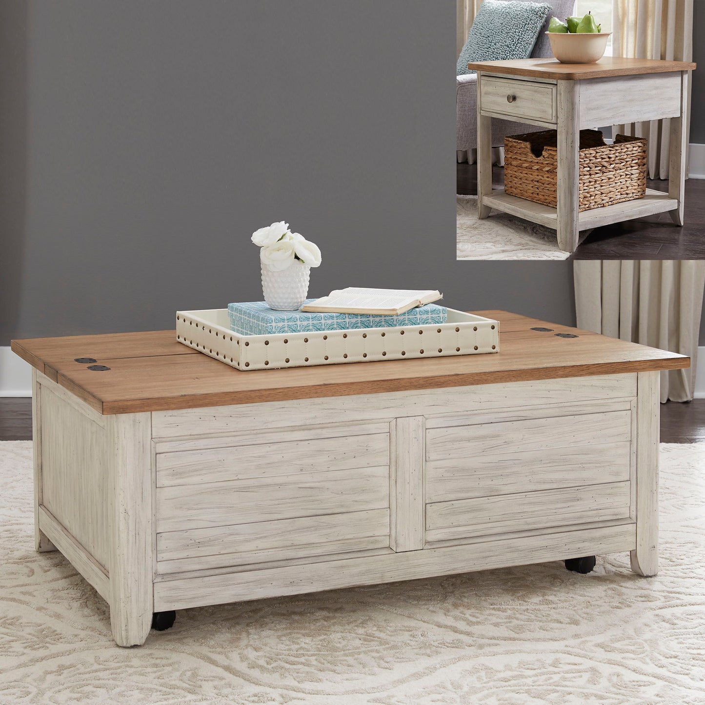 Farmhouse Reimagined - 3 Piece Table Set - Antique White / Chestnut Tops
