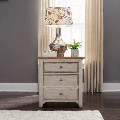 Farmhouse Reimagined - 3 Drawer Nightstand With Charging Station - Antique White / Chestnut Tops