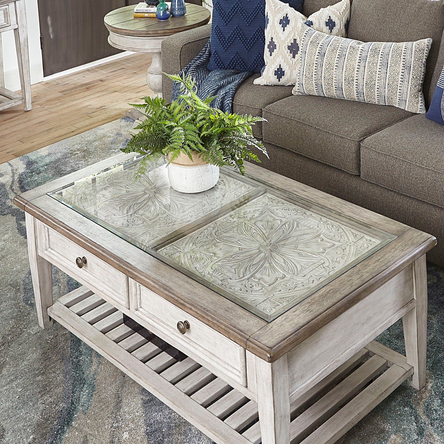 Heartland - Rect Ceiling Tile Cocktail Table - Antique White / Tobacco Tops