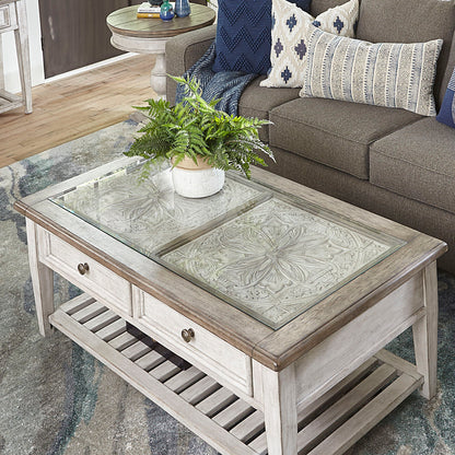 Heartland - Rect Ceiling Tile Cocktail Table - Antique White / Tobacco Tops