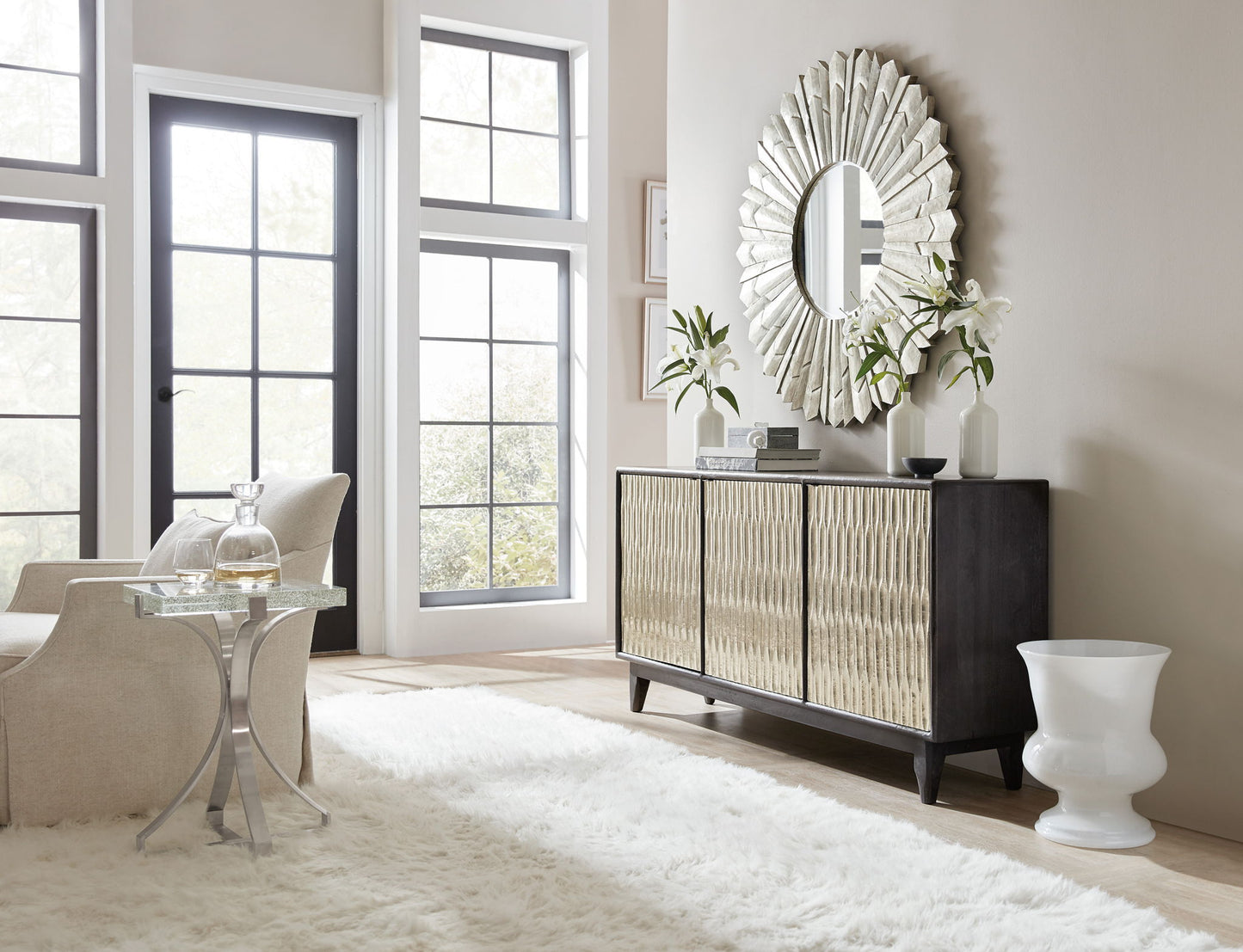 Home Accent - Shimmer 3-Door Credenza - Dark Gray / Pearl Silver