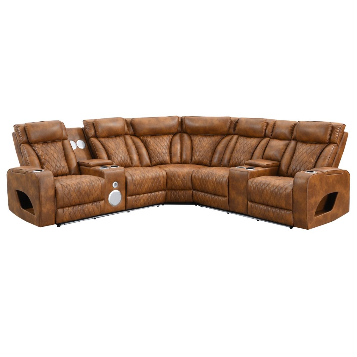 Taddeo - Power Motion Sectional Sofa With Power Headrest, Massage & LED - Two Tone Brown Leatherette