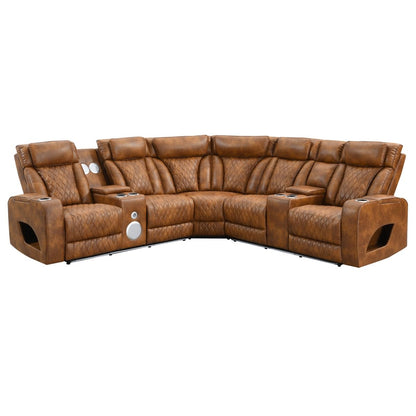 Taddeo - Power Motion Sectional Sofa With Power Headrest, Massage & LED - Two Tone Brown Leatherette