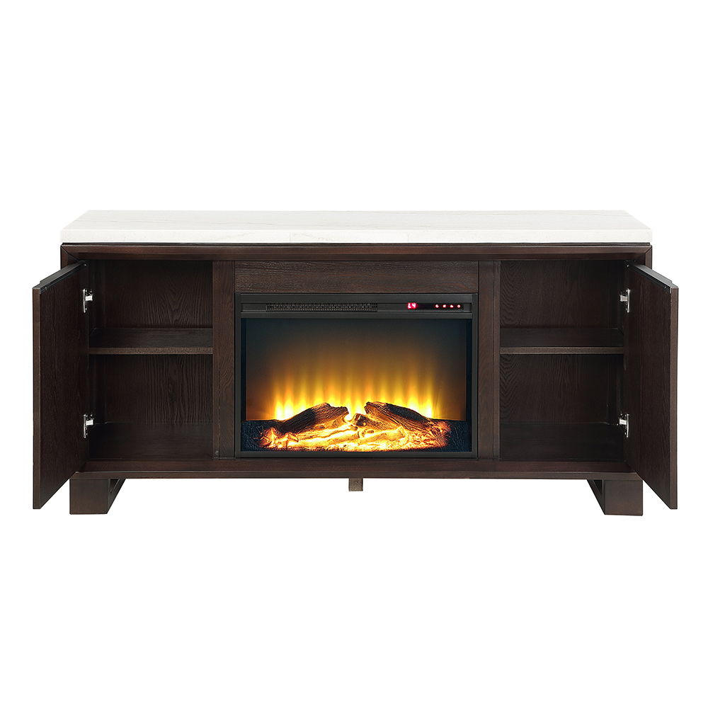 Edwyn - Server With Fireplace - Natural Marble Top & Espresso