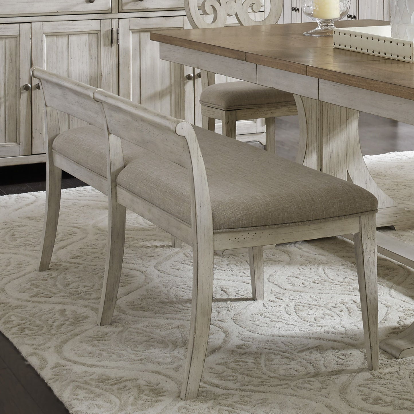 Farmhouse Reimagined - Upholstered Bench - Antique White / Chestnut Tops