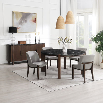 Estella - Round Dining Table With Natural Marble Top - Black Top & Walnut