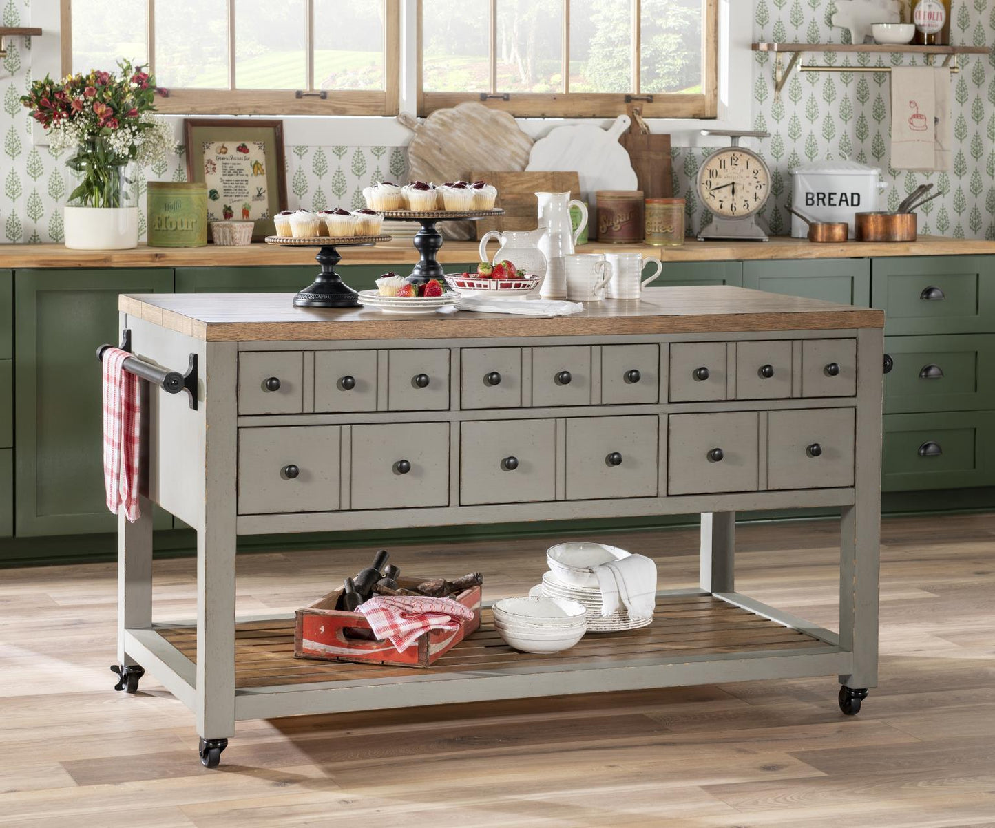 Vintage Market - Kitchen Island 6 Drawer With Casters