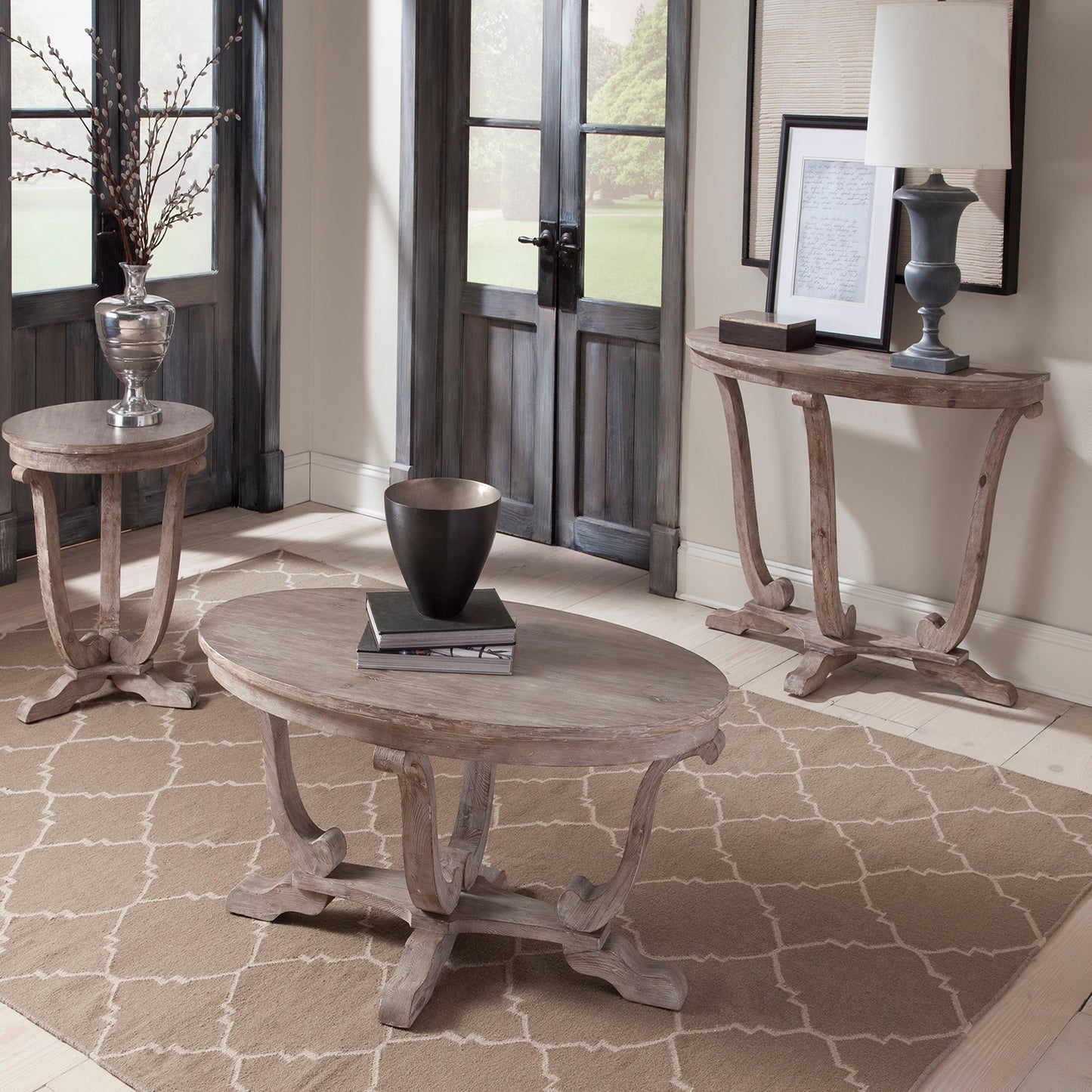 Greystone Mill - 3 Piece Table Set (1 Cocktail 2 End Tables) - Stone White Wash / Wirebrush Distressing