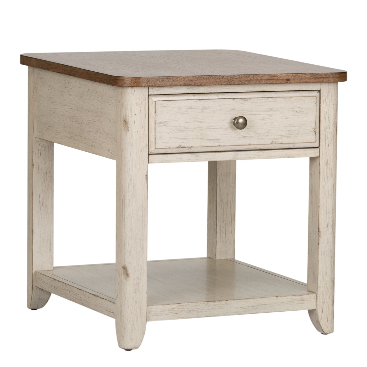 Farmhouse Reimagined - End Table With Basket - Antique White / Chestnut Tops