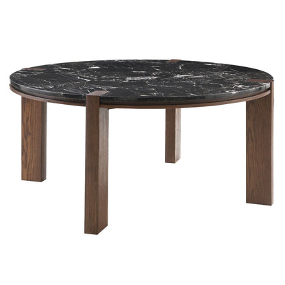 Estella - Round Dining Table With Natural Marble Top - Black Top & Walnut