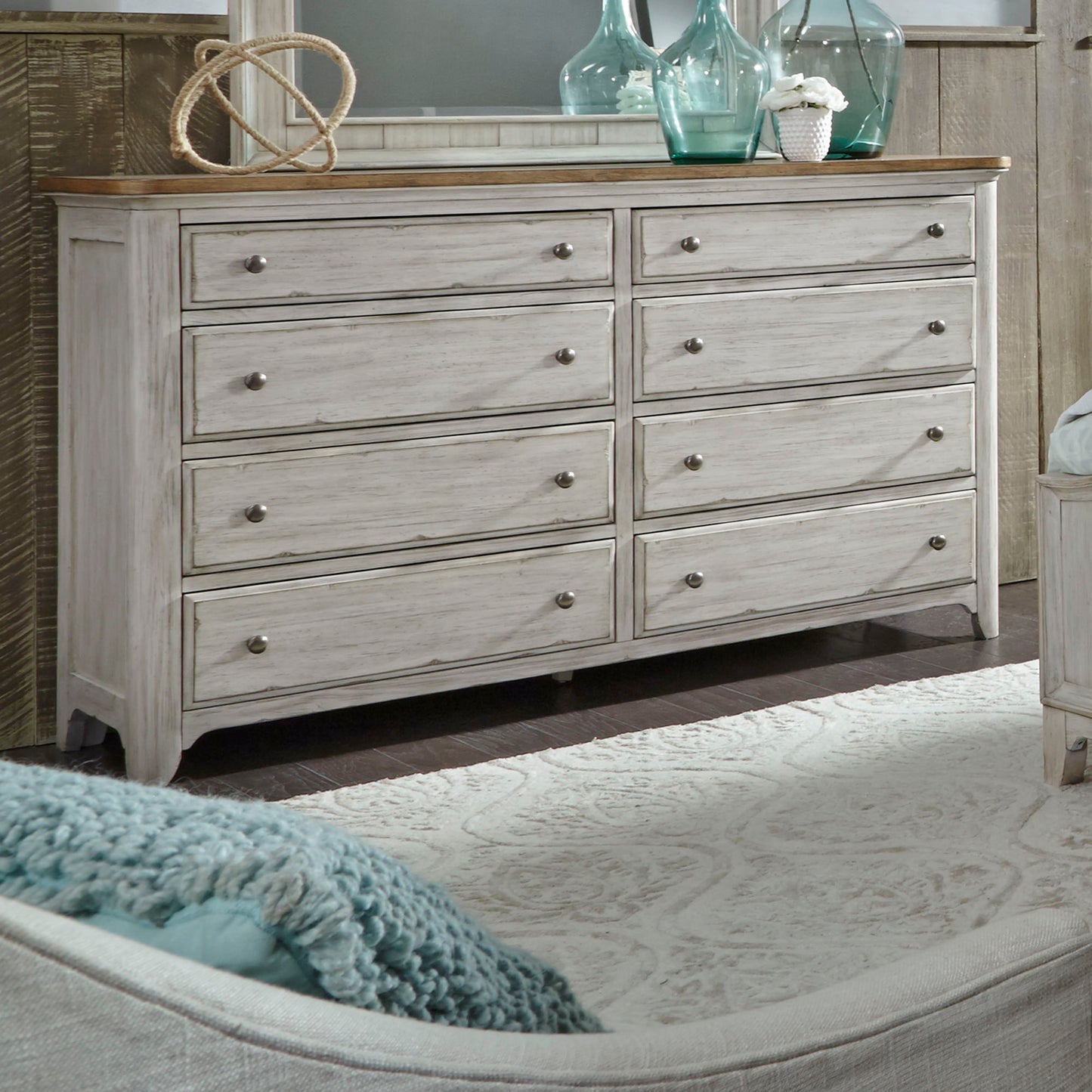 Farmhouse Reimagined - 8 Drawer Dresser - Antique White / Chestnut Tops