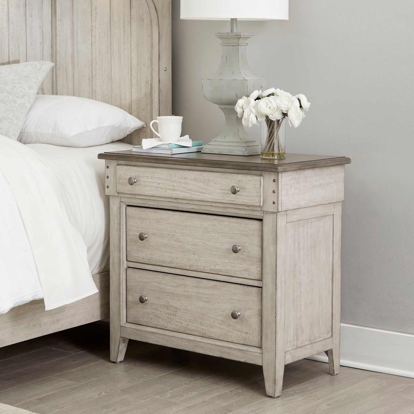 Ivy Hollow - 3 Drawer Bedside Chest With Charging Station - Weathered Linen / Dusty Taupe