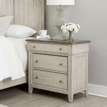 Ivy Hollow - 3 Drawer Bedside Chest With Charging Station - Weathered Linen / Dusty Taupe