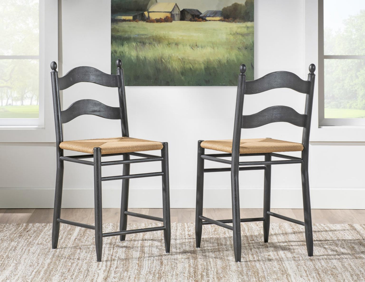 Vintage Market - Rush Seat Ladder Back Counter Height Chair (Set of 2) - Kettle Black