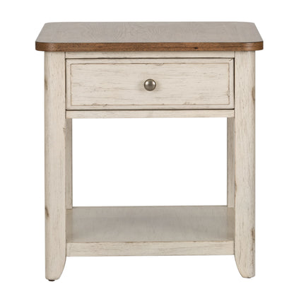 Farmhouse Reimagined - End Table With Basket - Antique White / Chestnut Tops