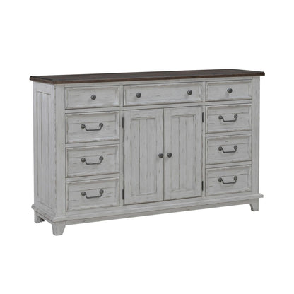 River Place - 2 Door 9 Drawer Dresser - Riverstone White & Tobacco