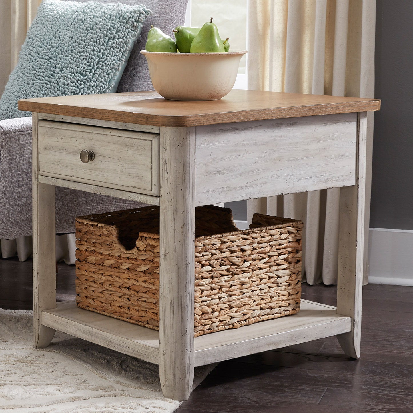Farmhouse Reimagined - End Table With Basket - Antique White / Chestnut Tops