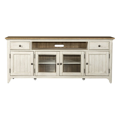 Farmhouse Reimagined - Entertainment 72" TV Stand - Antique White / Chestnut Tops