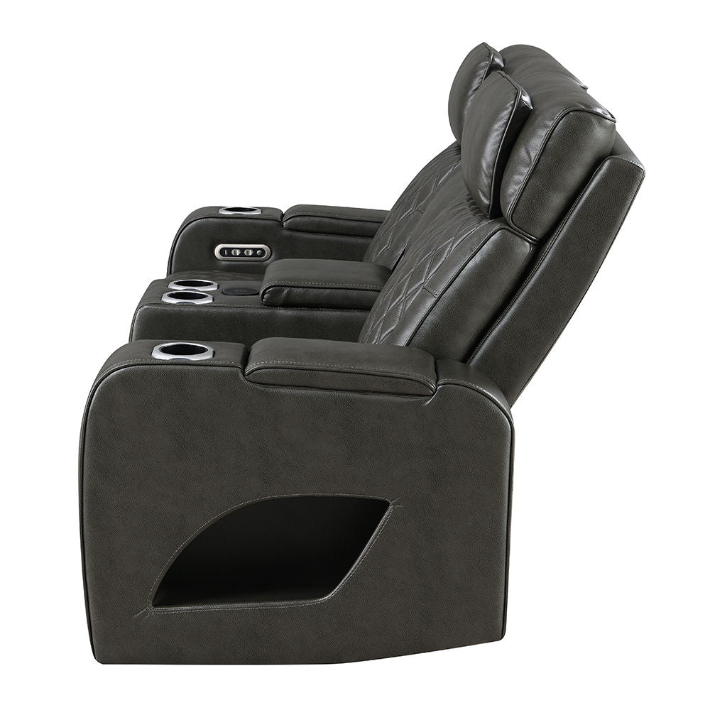 Taddeo - Power Motion Loveseat With Console, Speaker, USB, Wireless Charger & LED - Dark Gray