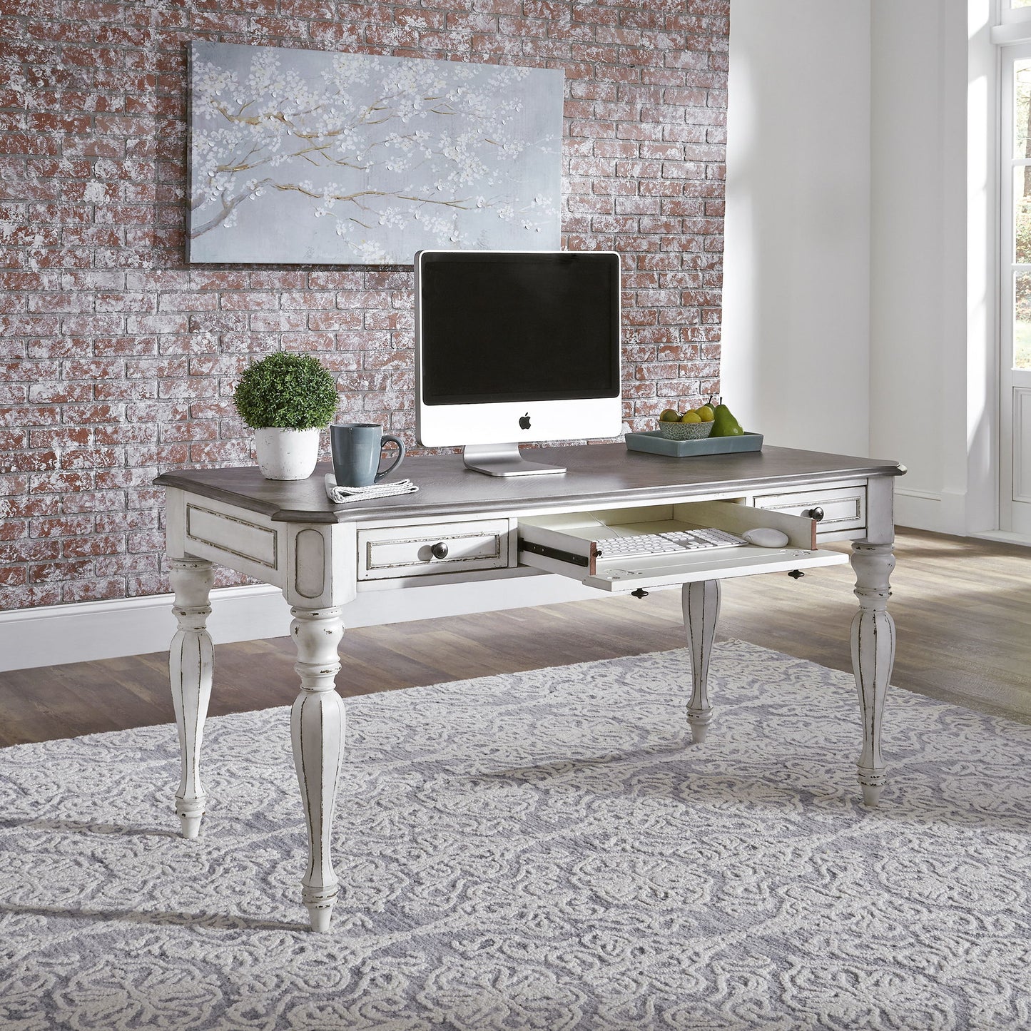 Magnolia Manor - 3 Piece Home Office Set (Desk & Hutch) - Antique White