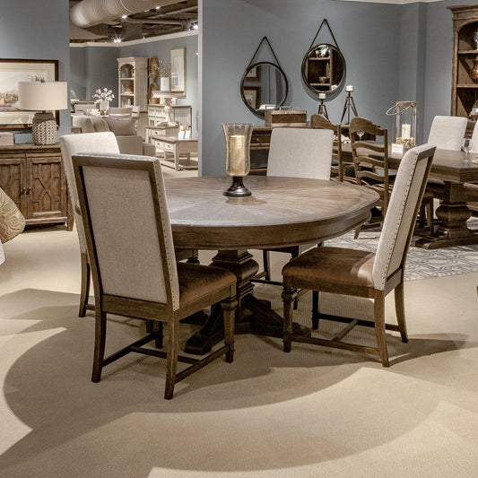 Paradise Valley - 5 Piece Pedestal Table Set (Upholstered Side Chairs) - Saddle Brown
