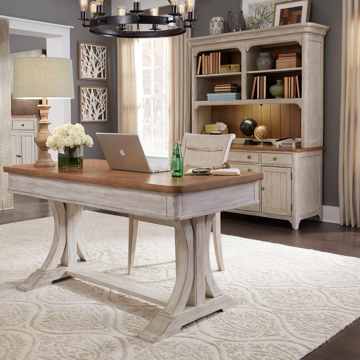 Farmhouse Reimagined - 3 Piece Home Office Set (Desk & Hutch) - Antique White / Chestnut Tops