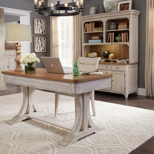 Farmhouse Reimagined - 3 Piece Home Office Set (Desk & Hutch) - Antique White / Chestnut Tops