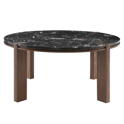 Estella - Round Dining Table With Natural Marble Top - Black Top & Walnut