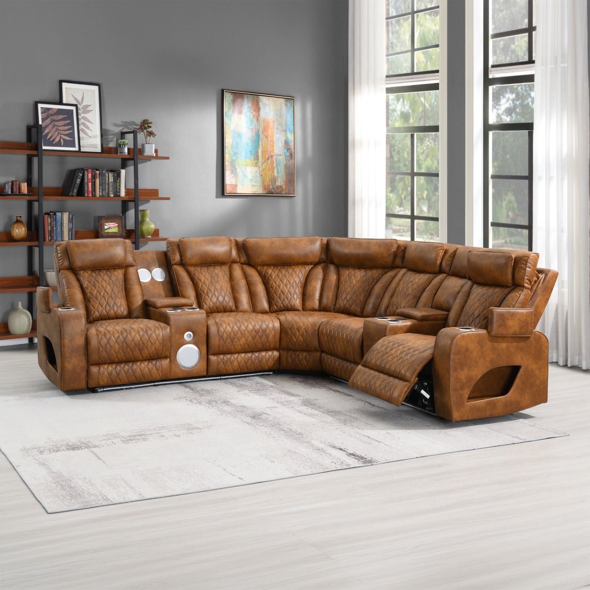 Taddeo - Power Motion Sectional Sofa With Power Headrest, Massage & LED - Two Tone Brown Leatherette