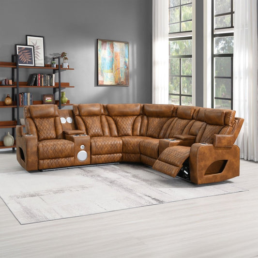 Taddeo - Power Motion Sectional Sofa With Power Headrest, Massage & LED - Two Tone Brown Leatherette