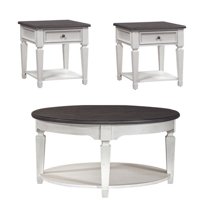 Allyson Park - 3 Piece Living Room Set (Round Cocktail Table) - Wirebrushed White / Charcoal