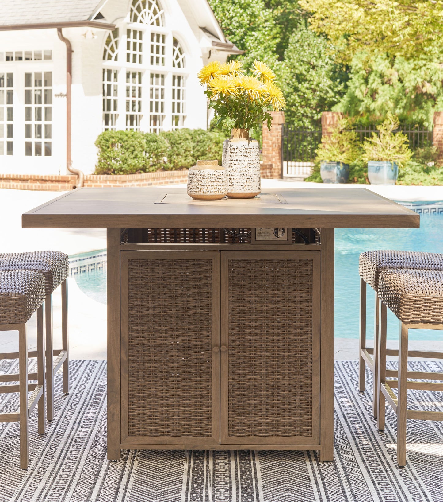 Walton Bridge - Square Bar Table W/Fire Pit - Driftwood