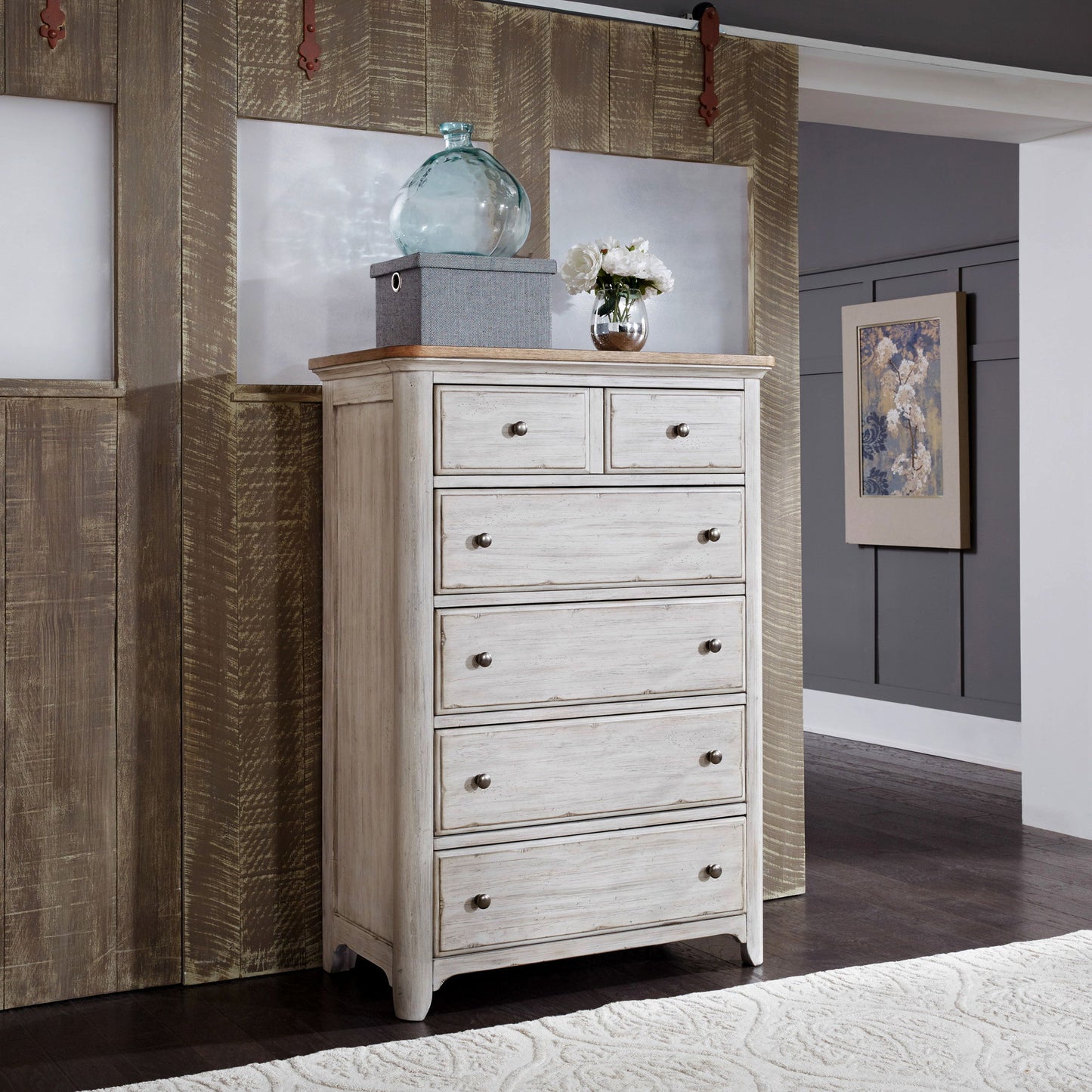 Farmhouse Reimagined - 5 Drawer Chest - Antique White / Chestnut Tops