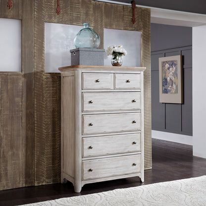Farmhouse Reimagined - 5 Drawer Chest - Antique White / Chestnut Tops