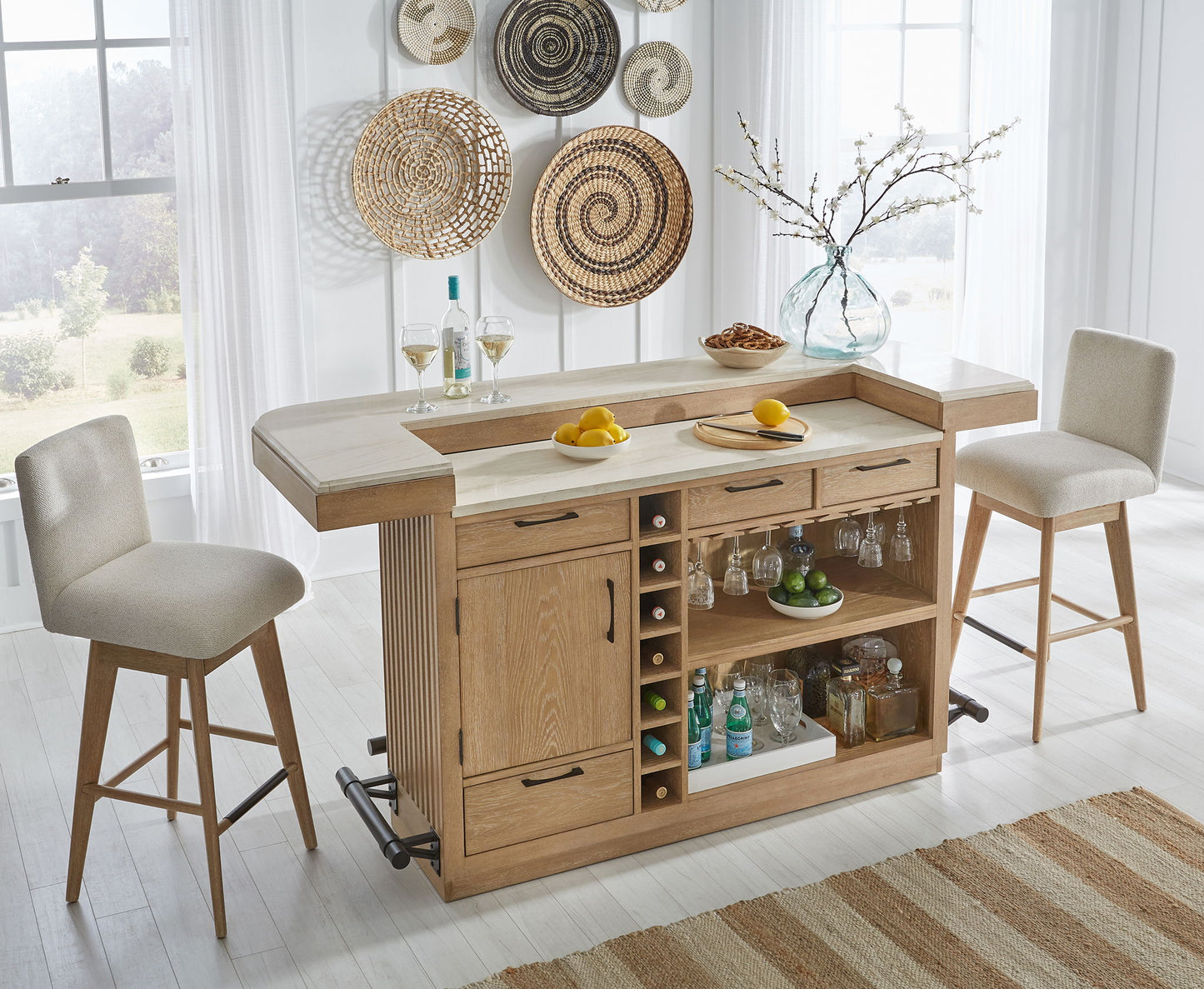 Escape - Dining Upholstered Swivel Barstool - Glazed Natural Oak / Mirage Mist