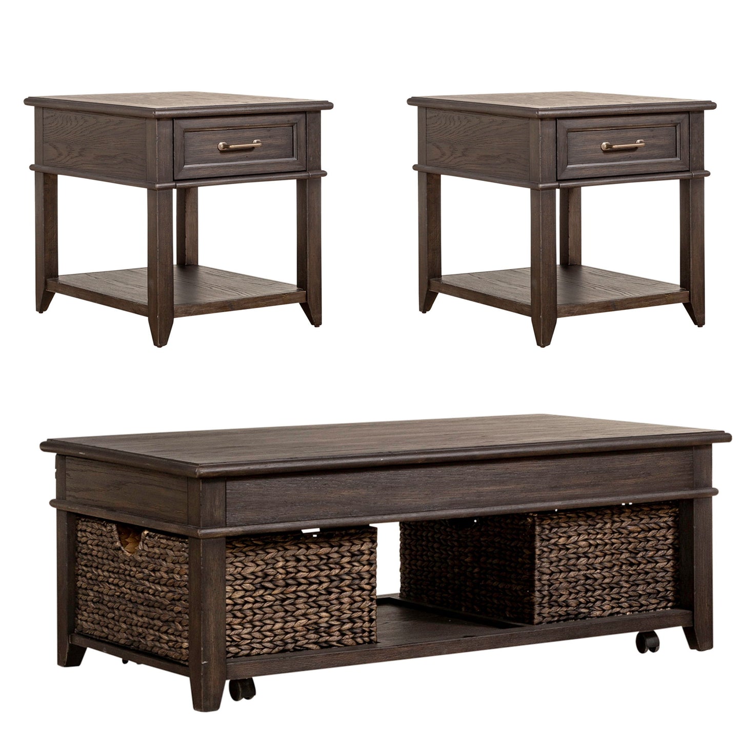 Mill Creek - 3 Piece Living Room Set (Lift Top Cocktail & 2 Drawer End Tables) - Peppercorn