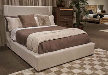 Brozmont - Queen Upholstered Storage Footboard/Rails/Slats - Oatmeal