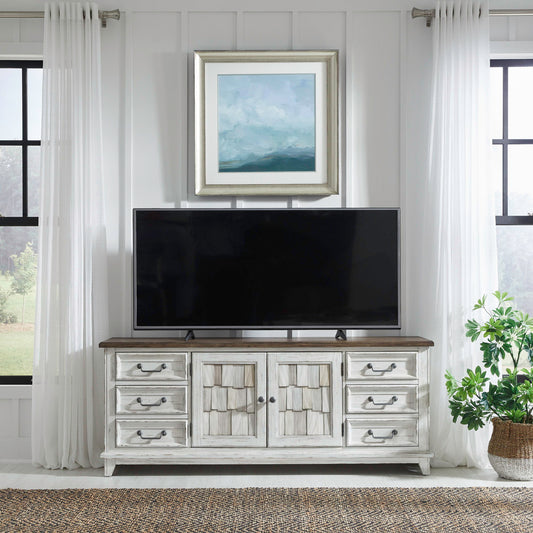 River Place - 75" Entertainment Console - Riverstone White & Tobacco